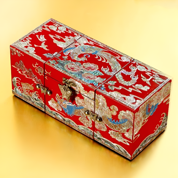 Auspicious Dragon & Phoenix Lacquer Mother-of-Pearl Inlay Triple-Opening Jewelry Box