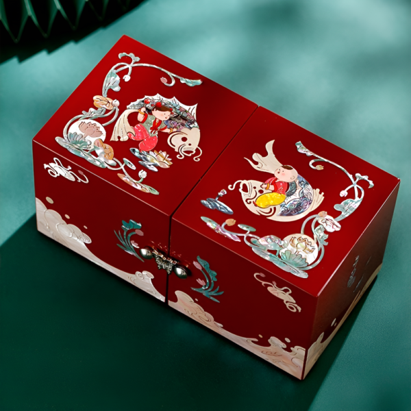 Golden Boy Holding Carp Lacquer Mother-of-Pearl Inlay Jewelry Box