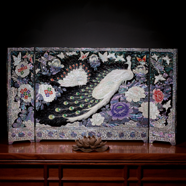Peacock Lacquer Mother-of-Pearl Inlay Home Decor Screen